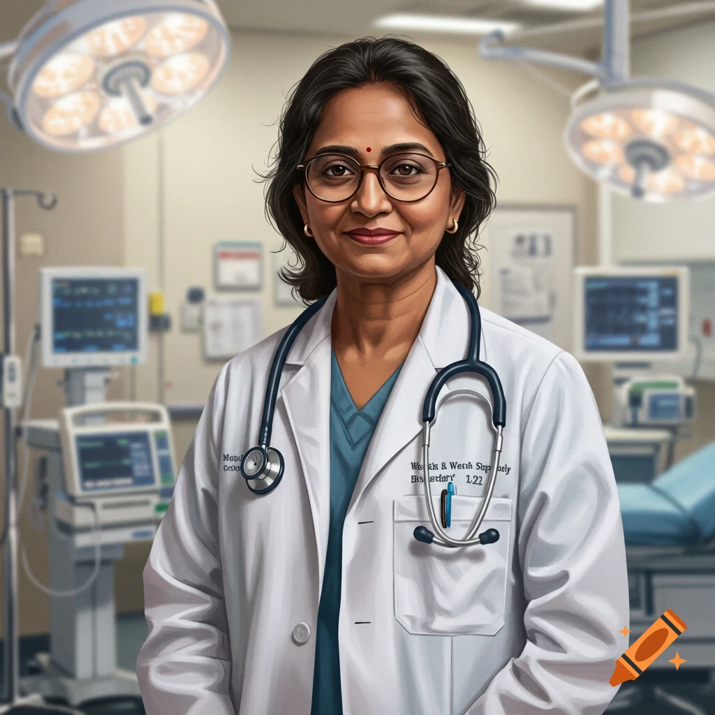 A woman doctor wearing a lab coat and stethoscope stands in an operating room.
