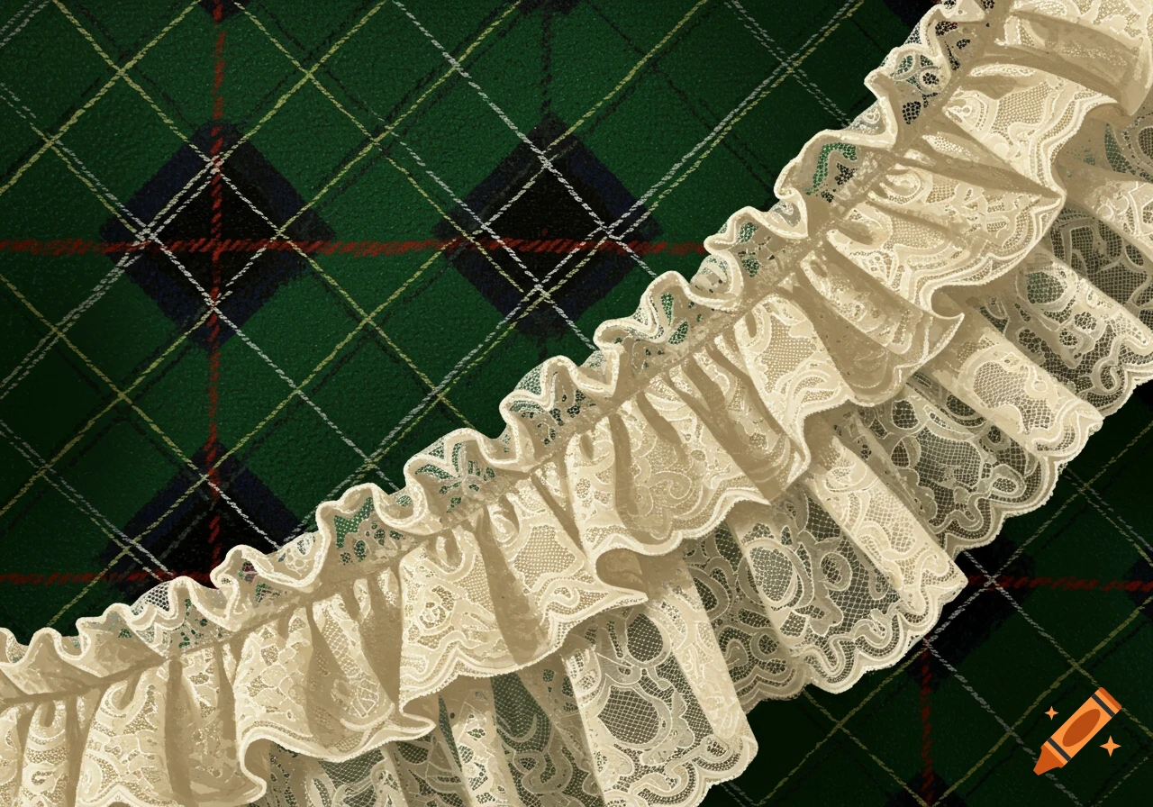Close-up of green tartan fabric with ruffled cream lace trim