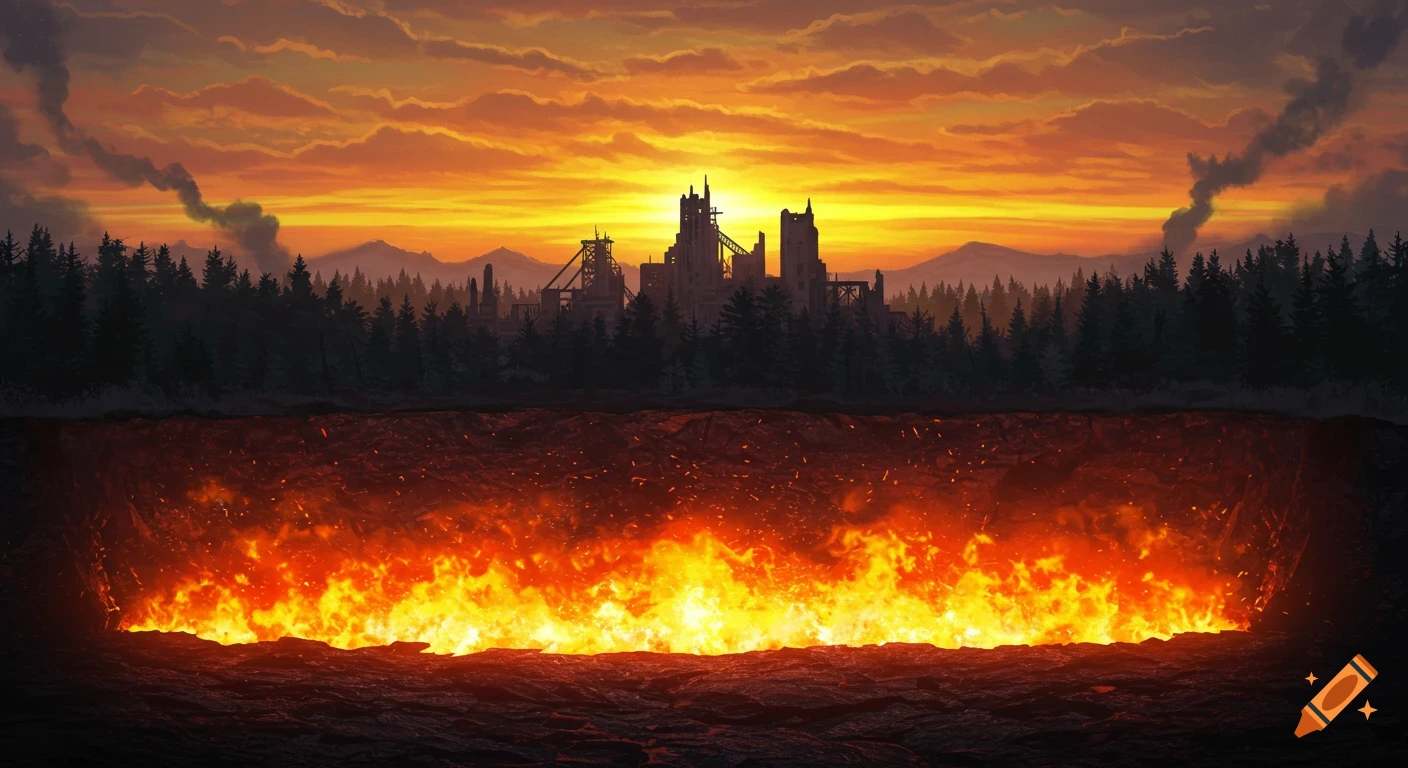 A vast pit of fire burns in the foreground, with a silhouette of a ruined industrial city behind pine trees under a dramatic orange and yellow sunset sky.