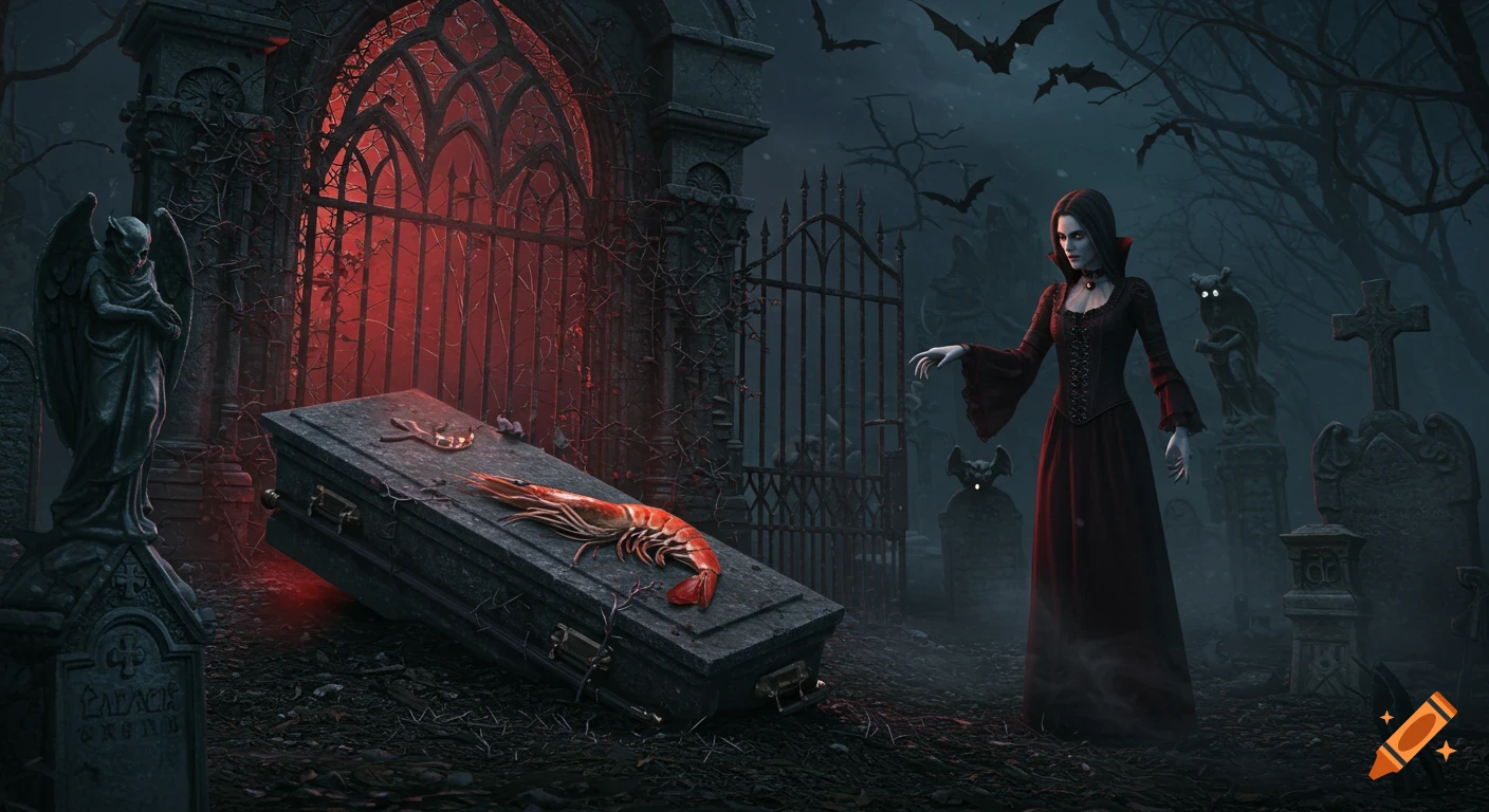 A vampire stands in a dark, gothic graveyard next to a coffin with a large shrimp on it. Bats fly overhead.