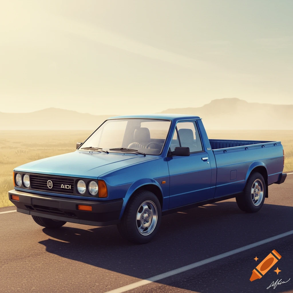 A blue pickup truck on a road with mountains in the distance.