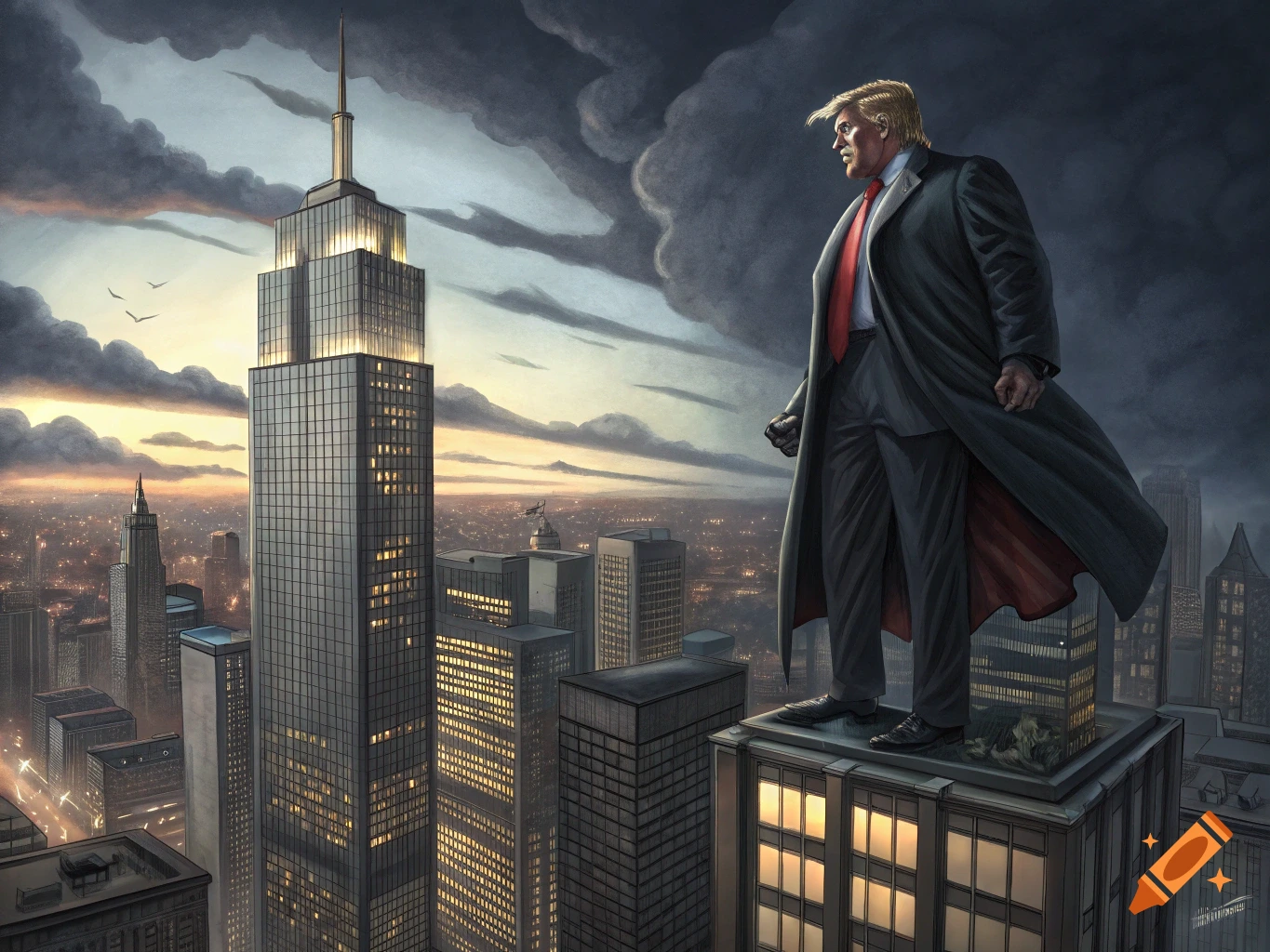 Figure resembling Donald Trump stands atop a skyscraper overlooking a dramatic city skyline.