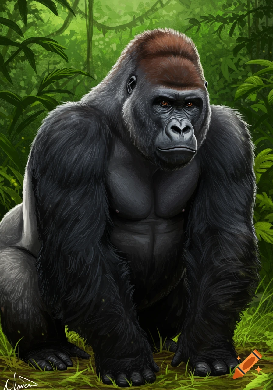 Digital illustration of a gorilla sitting in a jungle.