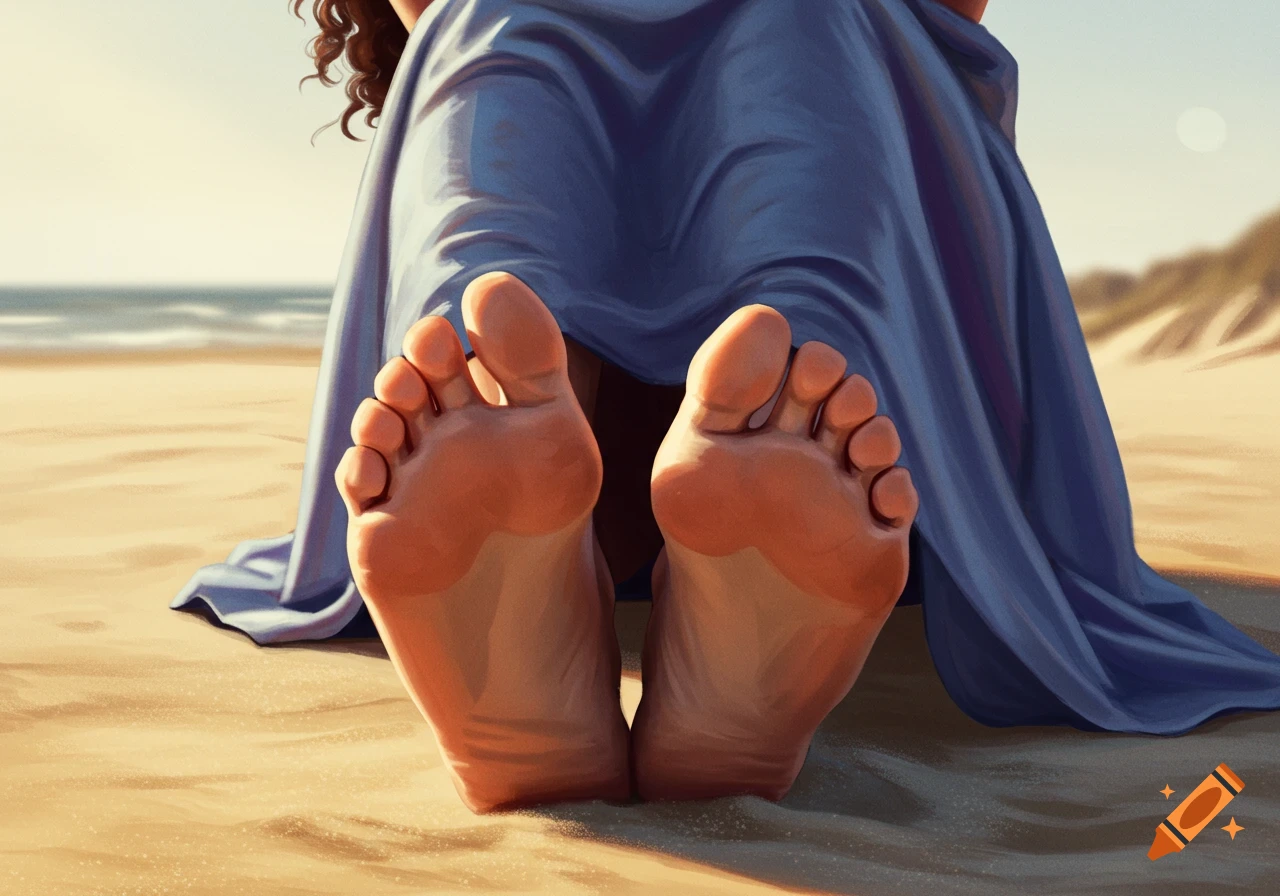 Close-up view of bare feet soles on a sandy beach with blue fabric and ocean in the background.