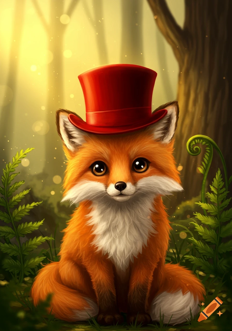 A cute, fluffy orange fox wearing a red top hat sits in a sunlit forest clearing.