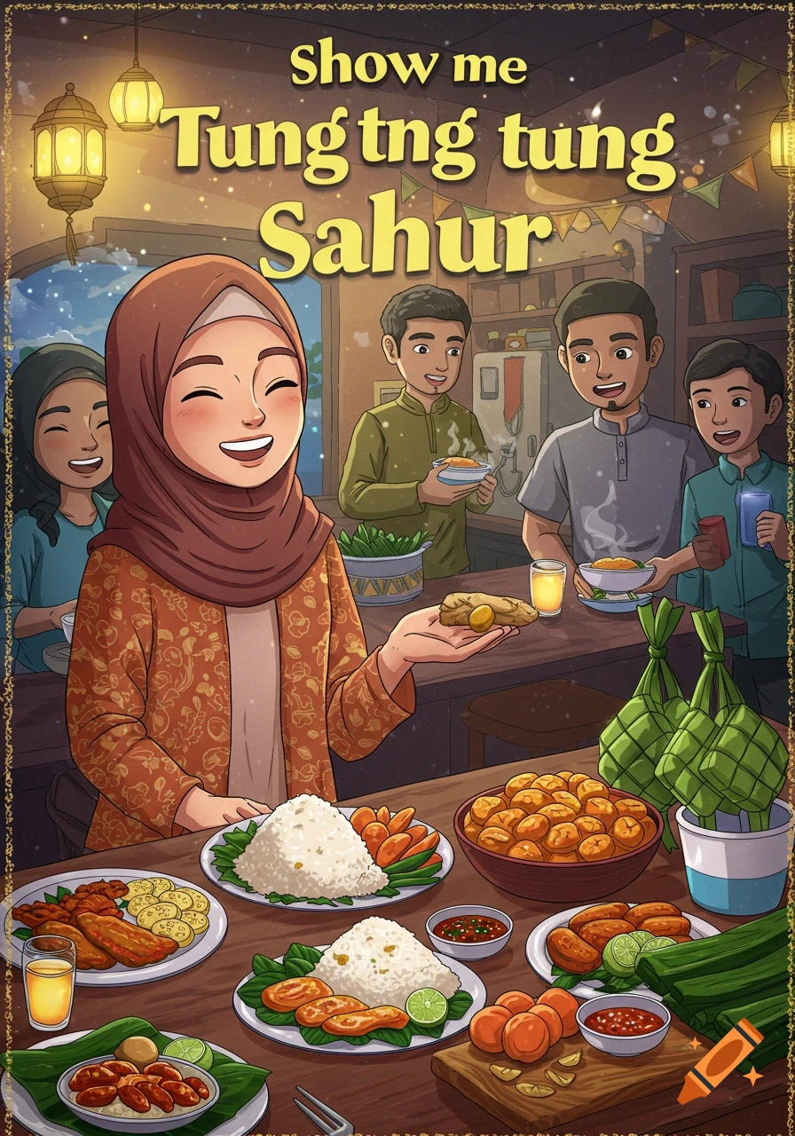 Cartoon illustration of a family eating Sahur, a pre-dawn Ramadan meal, with text above.