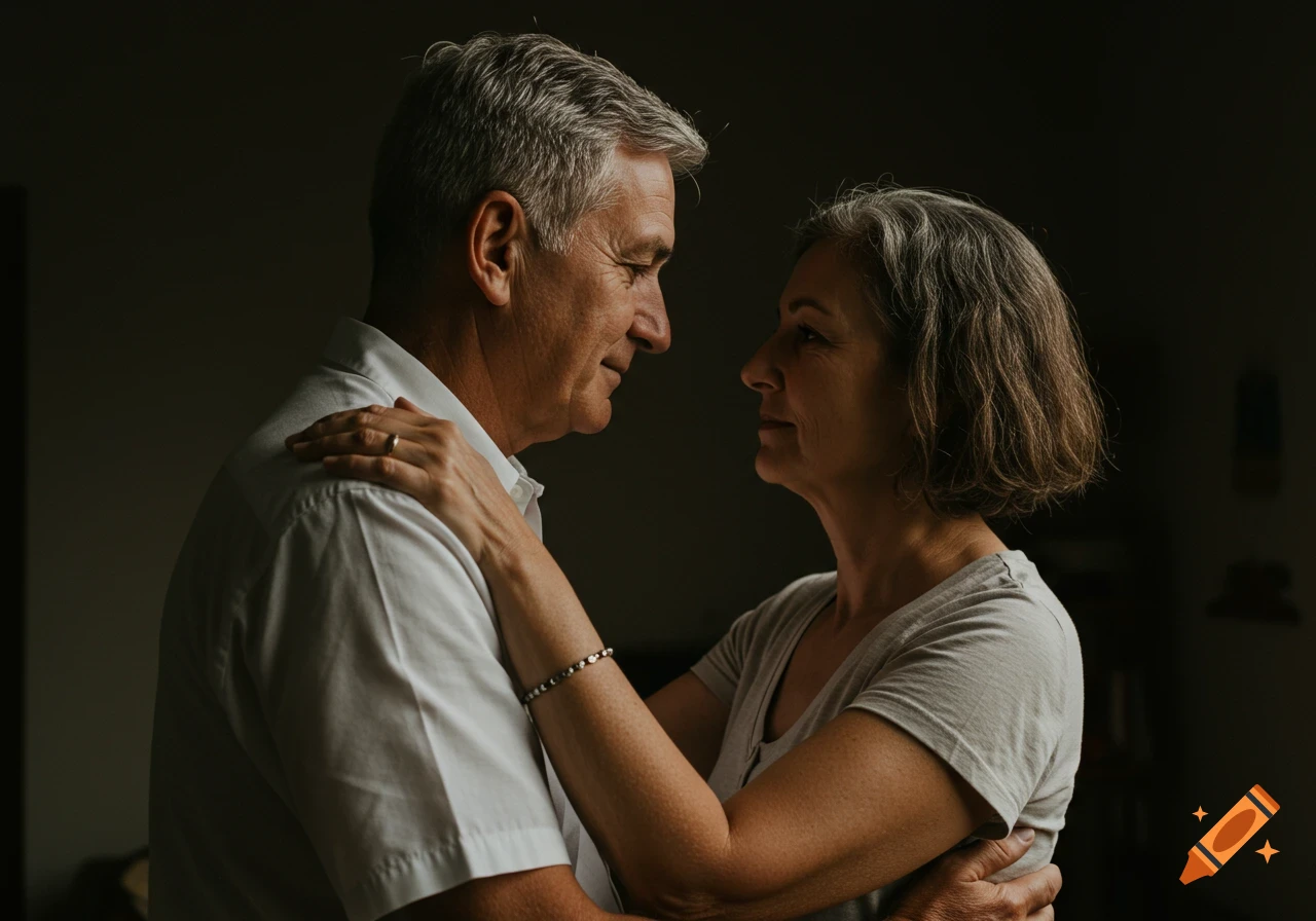 Middle-aged couple in a soft embrace in a dimly lit room
