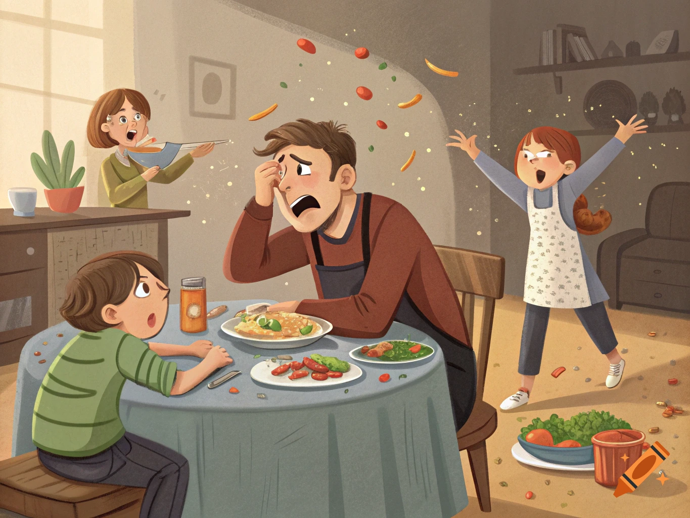 Illustration of a chaotic family dinner with food flying and the father looking overwhelmed.
