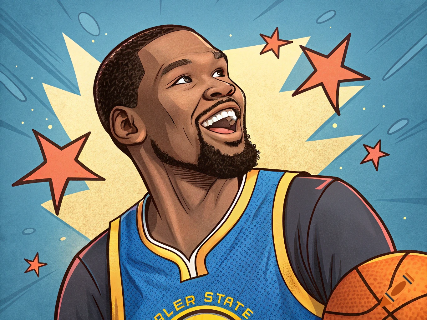 Cartoon portrait of basketball player Kevin Durant in a jersey, smiling  with a basketball and stars. on Craiyon, image size:1365x1024