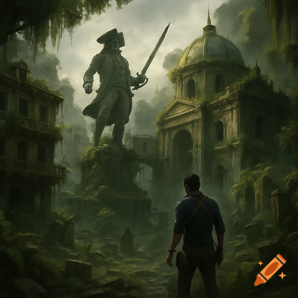 A man stands in overgrown ruins, looking up at a giant statue of a figure holding a sword.