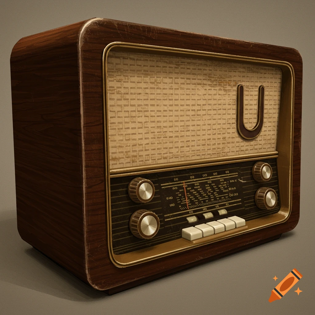 Vintage wooden radio with dial, knobs, and buttons.