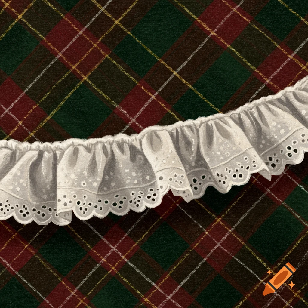 Close-up of red and green tartan fabric with white ruffled lace