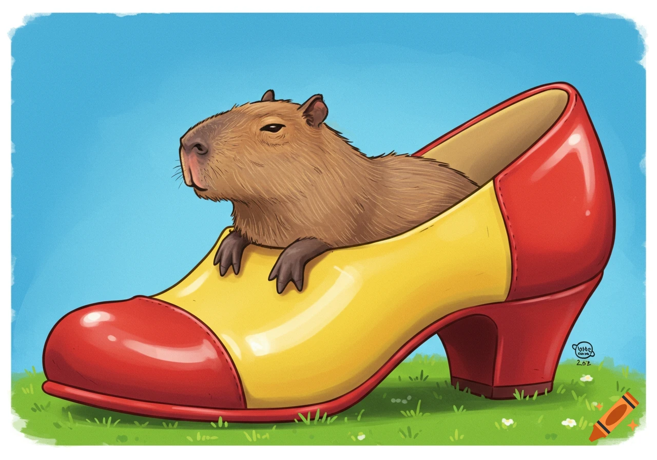 An illustration of a capybara sitting inside a large red and yellow high-heeled shoe in a grassy field.