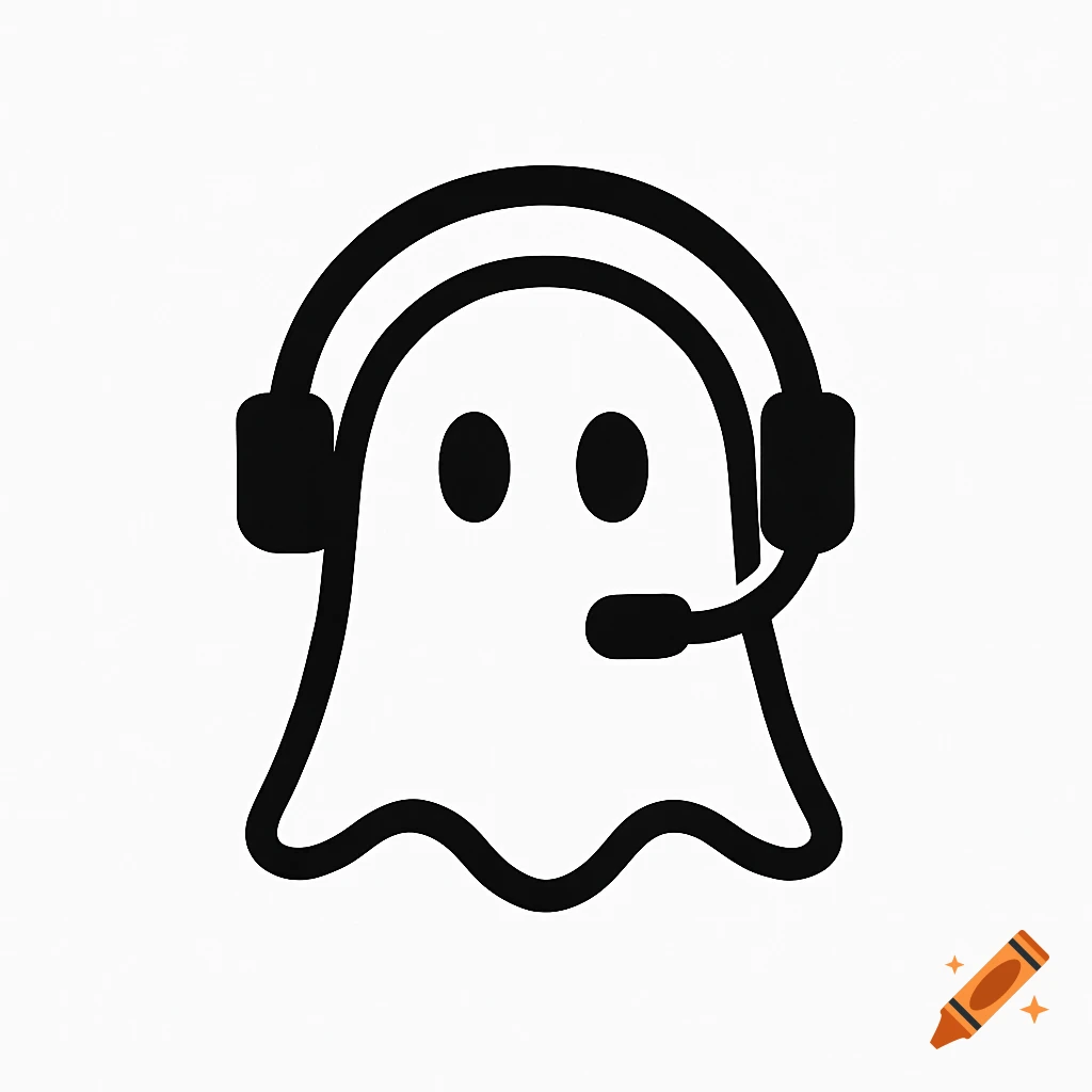 A minimalistic black and white icon of a ghost wearing a headset.