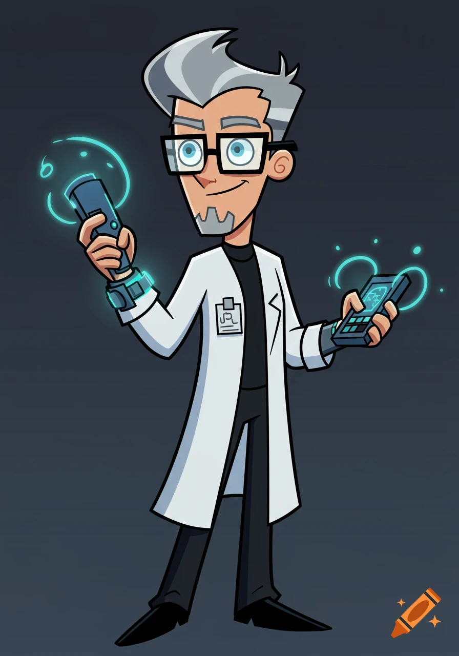 Cartoon scientist in lab coat holding glowing futuristic gadgets.