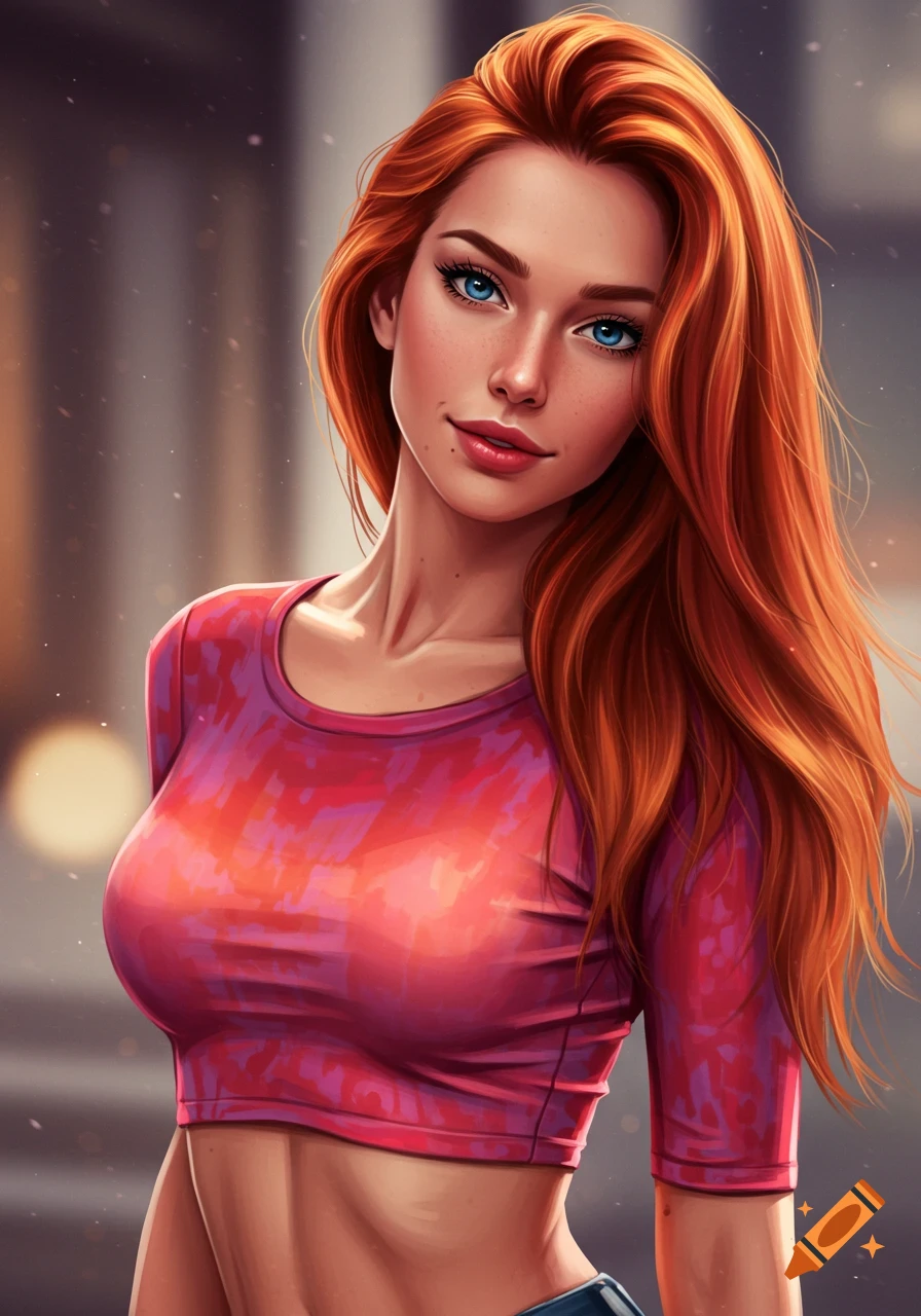 Red-haired woman with blue eyes wearing a crop top in realistic style
