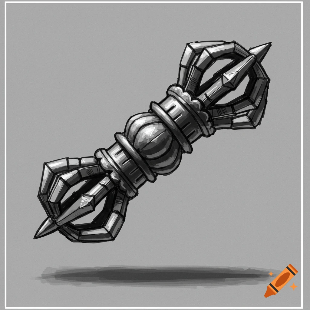 A metallic vajra in monochrome brutalist style floating against a gray background.