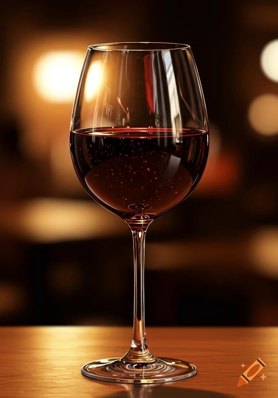 A close-up shot of a glass of red wine on a table.