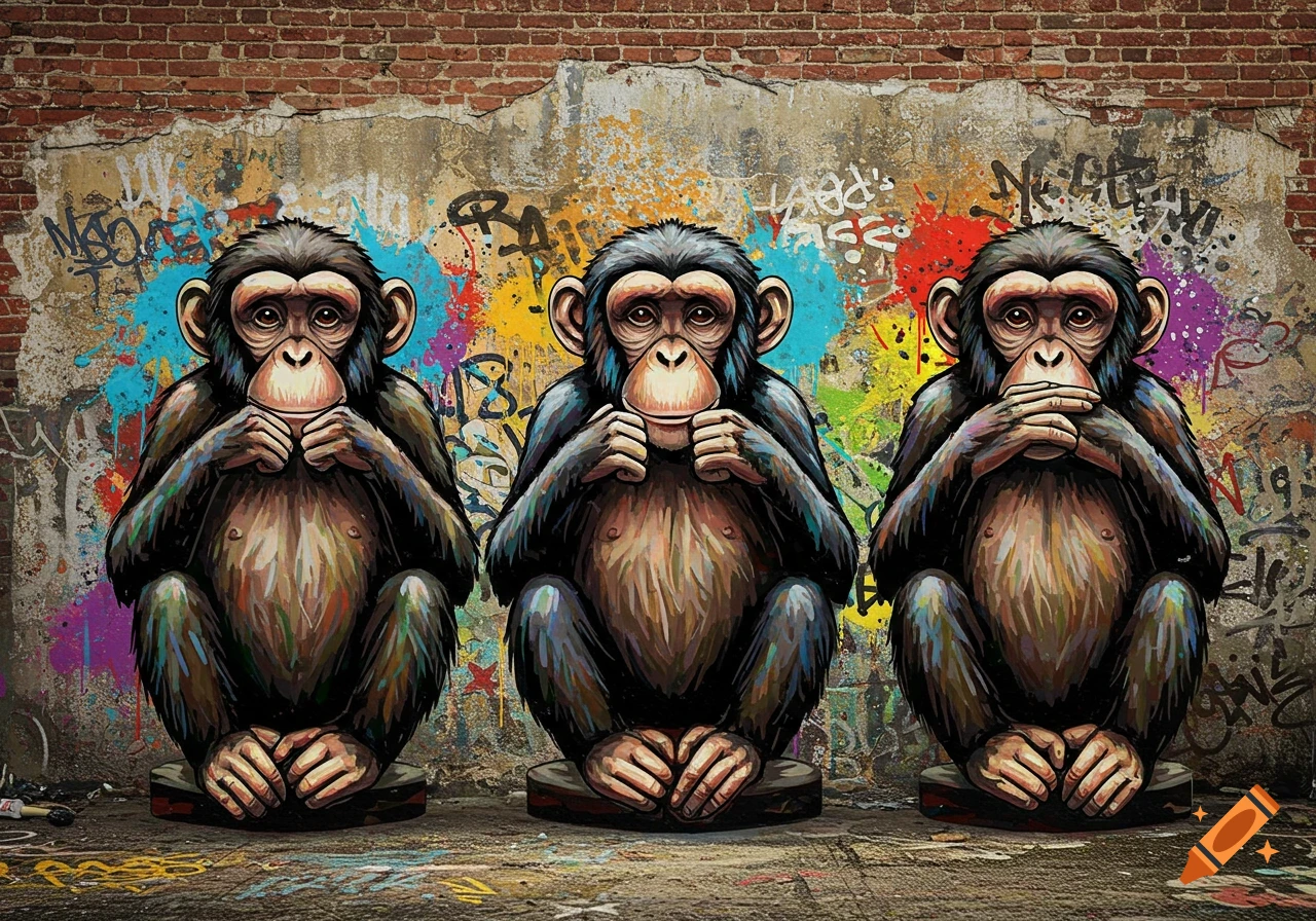 Three monkeys in see no evil, hear no evil, speak no evil poses before a brick wall with colorful urban graffiti.
