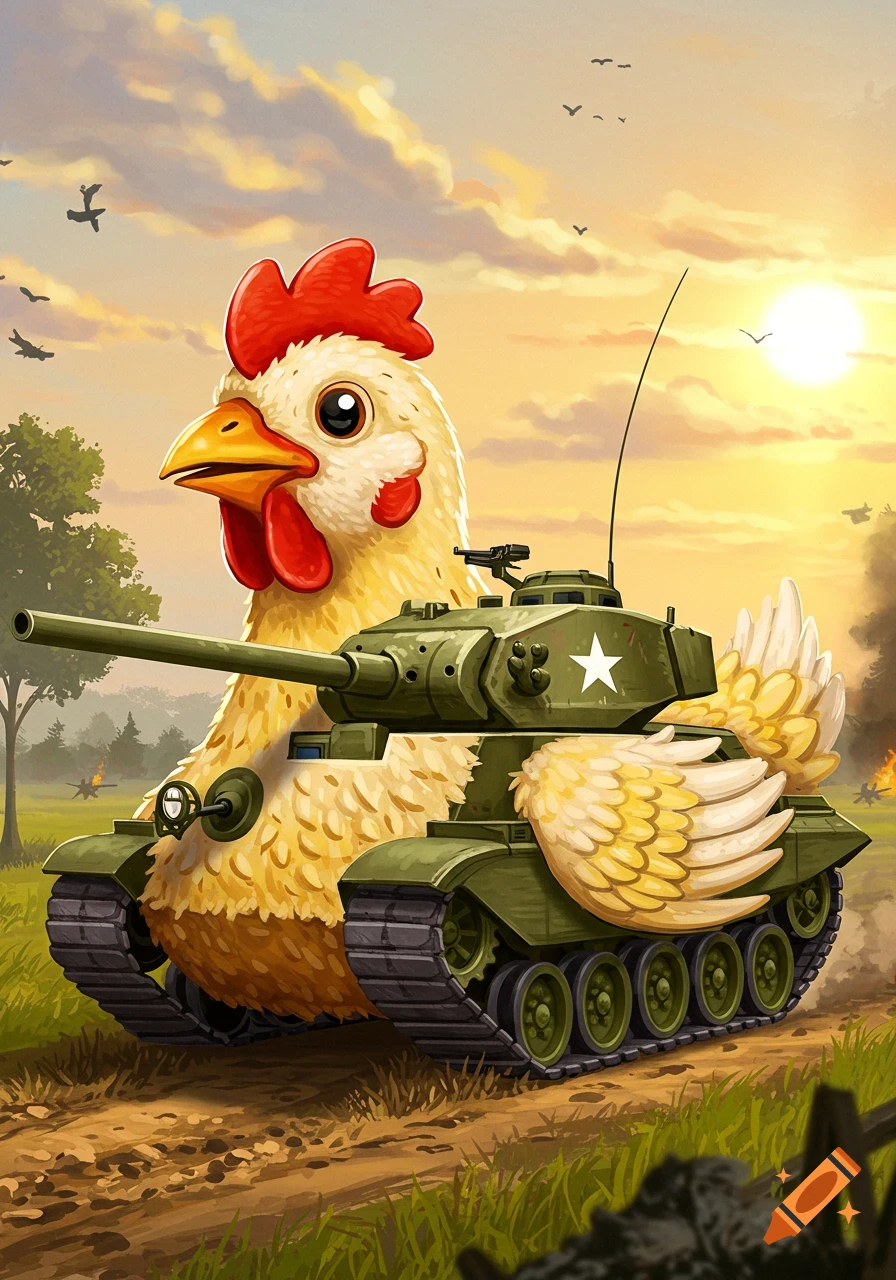 Cartoon illustration of a chicken driving a military tank on a dirt road at sunset.