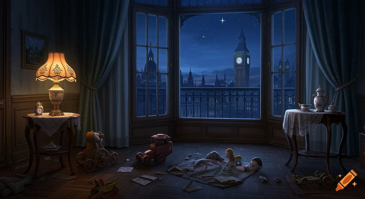 Victorian-style room with toys scattered on the floor, overlooking a panoramic night view of the London skyline with Big Ben.