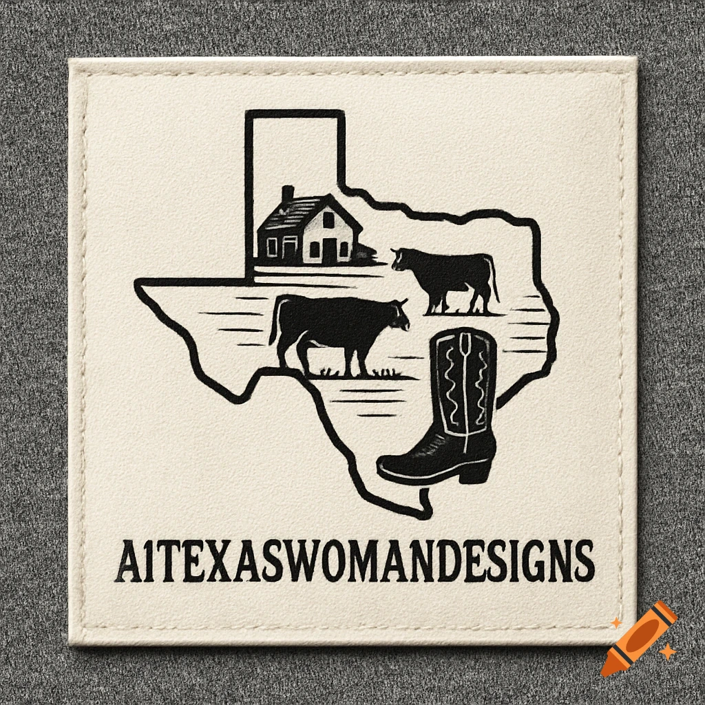 Texas state outline with farmhouse, cattle, boots, and text A1TEXASWOMANDESIGNS on a label.