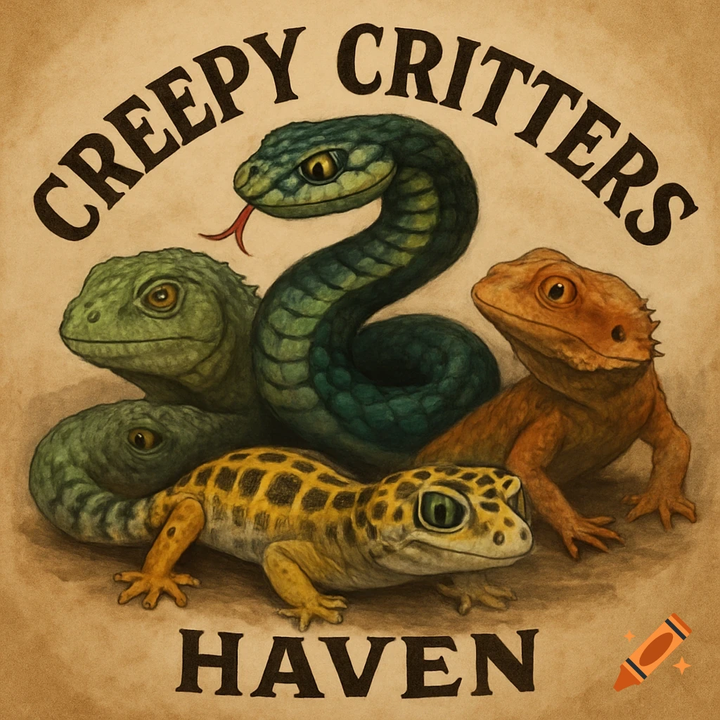 Illustration of a snake, gecko, and two lizards with text reading "Creepy Critters Haven".