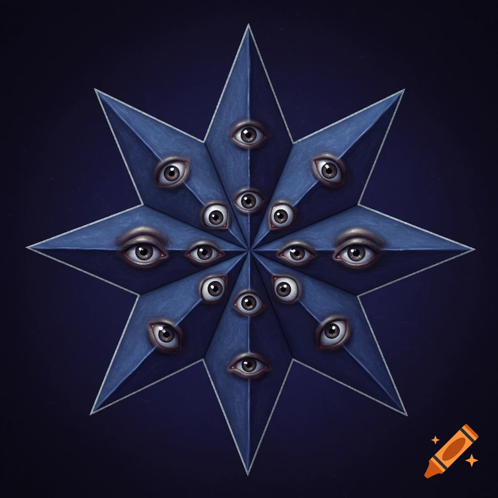 A gothic eight-pointed star structure embedded with multiple human eyes on a dark blue background.