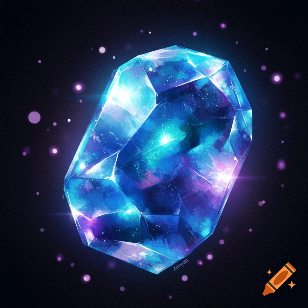 A vibrant blue and purple gemstone with a galaxy inside, surrounded by glowing sparkles.