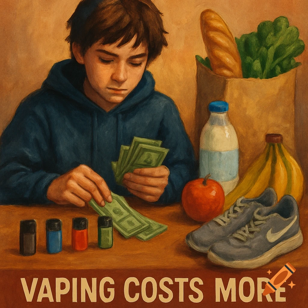 Painting of a teen counting money with vape pods, groceries, and sneakers on a table. Caption reads VAPING COSTS MORE.