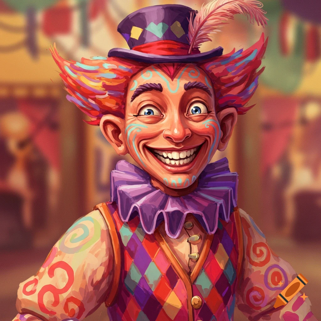 A brightly colored stylized illustration of a grinning clown in a circus hat and patterned vest.