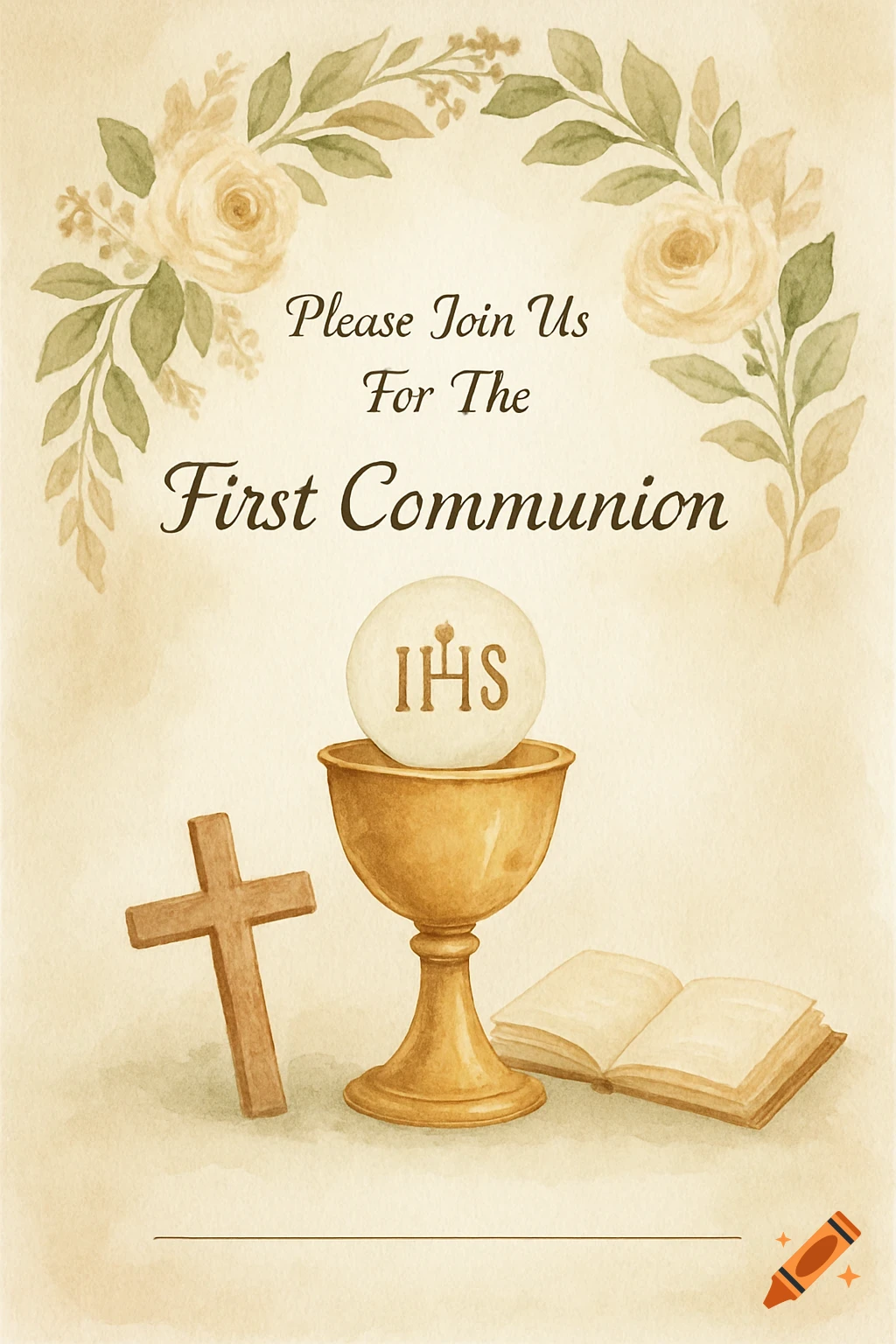 Watercolor illustration of a First Communion invitation with cross, chalice, host, bible, and text Please Join Us For The First Communion.