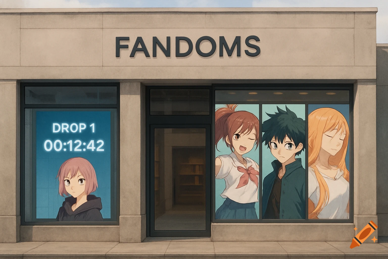 Storefront with 'FANDOMS' sign, windows display anime characters and countdown timer