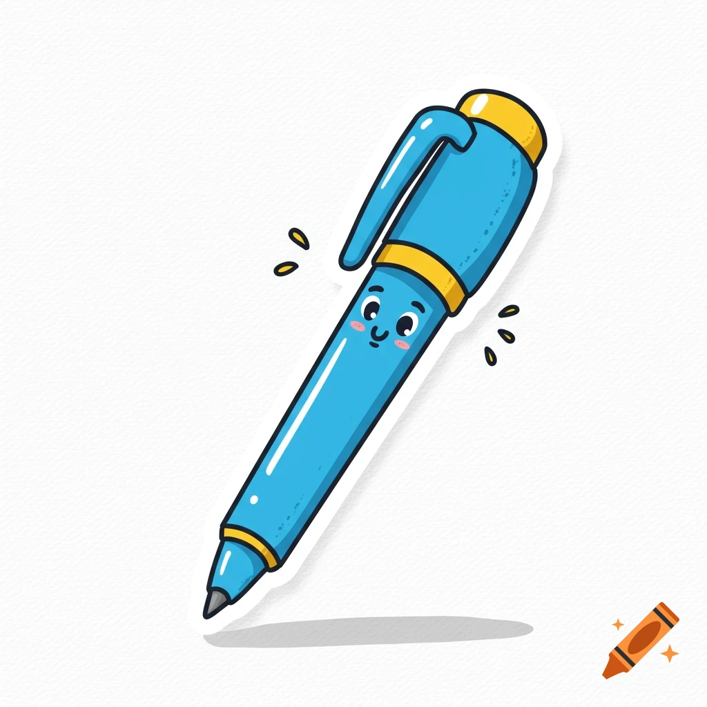 Clipart illustration of a blue pen with a face, on a white background.