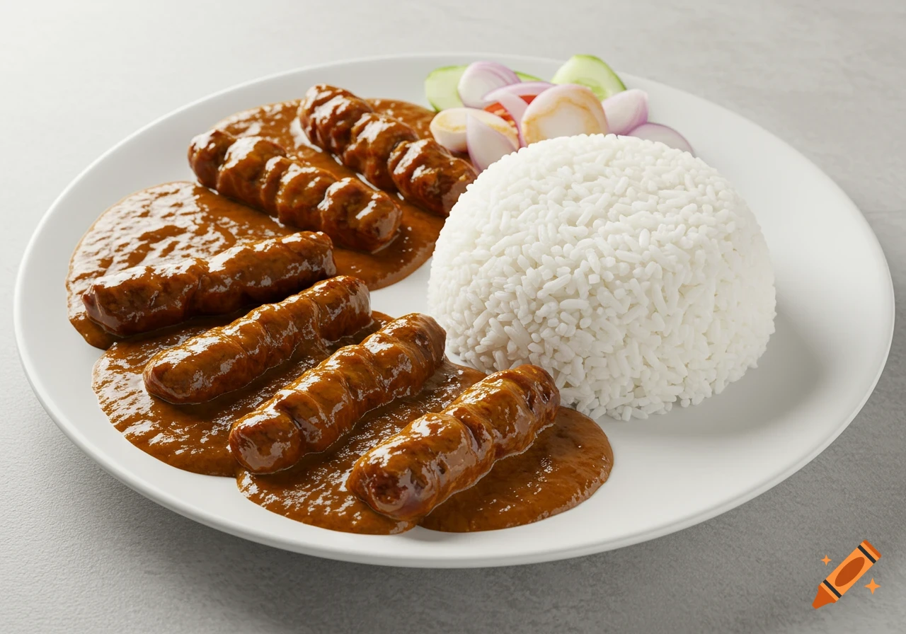 A plate of rice, sausages or skewers in a peanut sauce, and garnish.