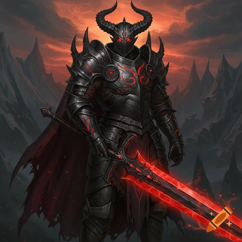 Dark fantasy demon knight in spiky armor with glowing red sword and eyes, standing in a hellish landscape.