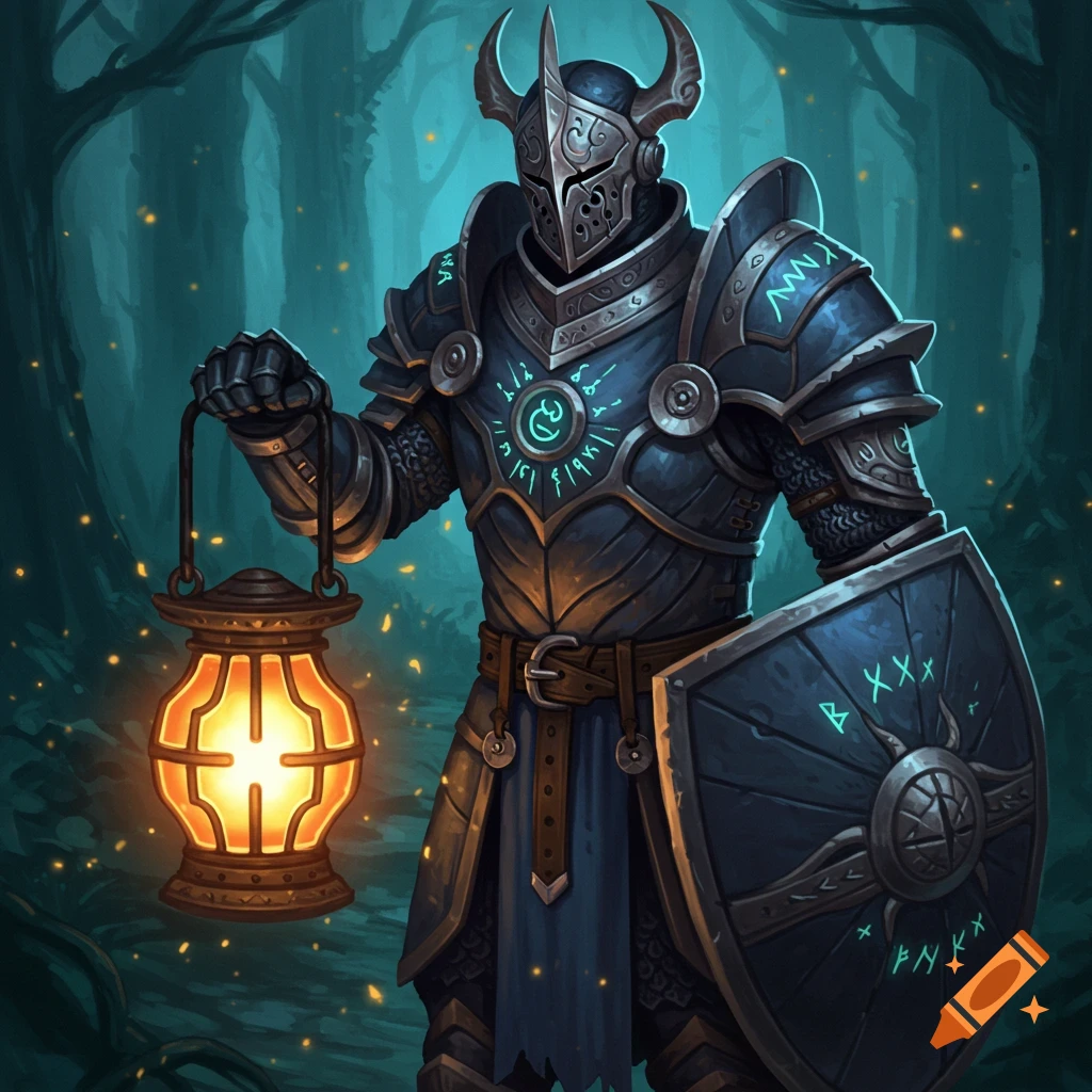 A fantasy illustration of a knight in dark armor holding a glowing lantern and shield in a forest.