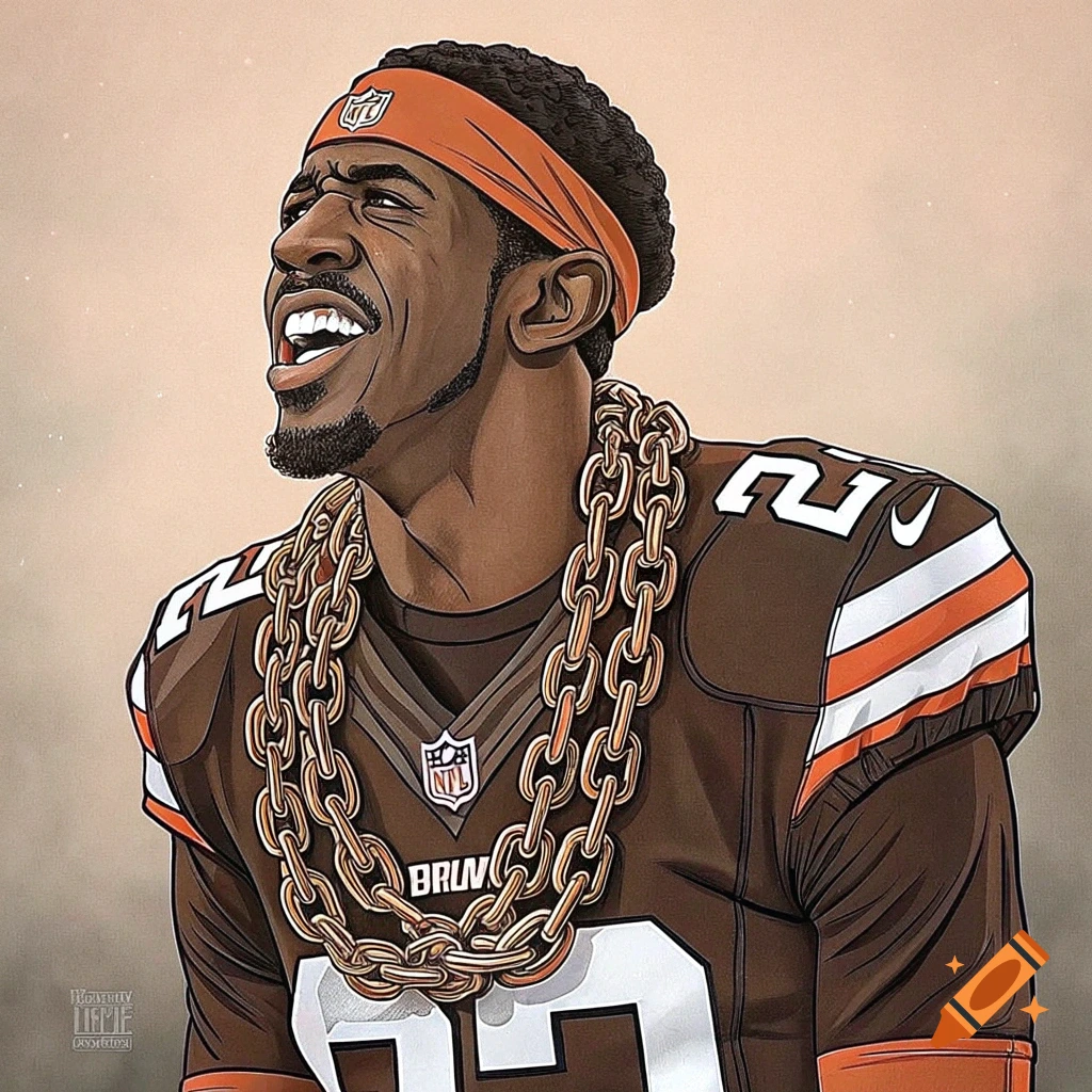 Stylized portrait of a football player in a Cleveland Browns jersey with multiple gold chains.