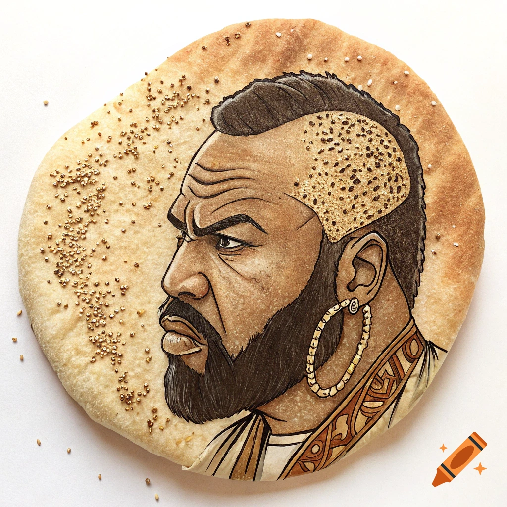 Illustration of Mr. T on a piece of pita bread with sesame seeds.