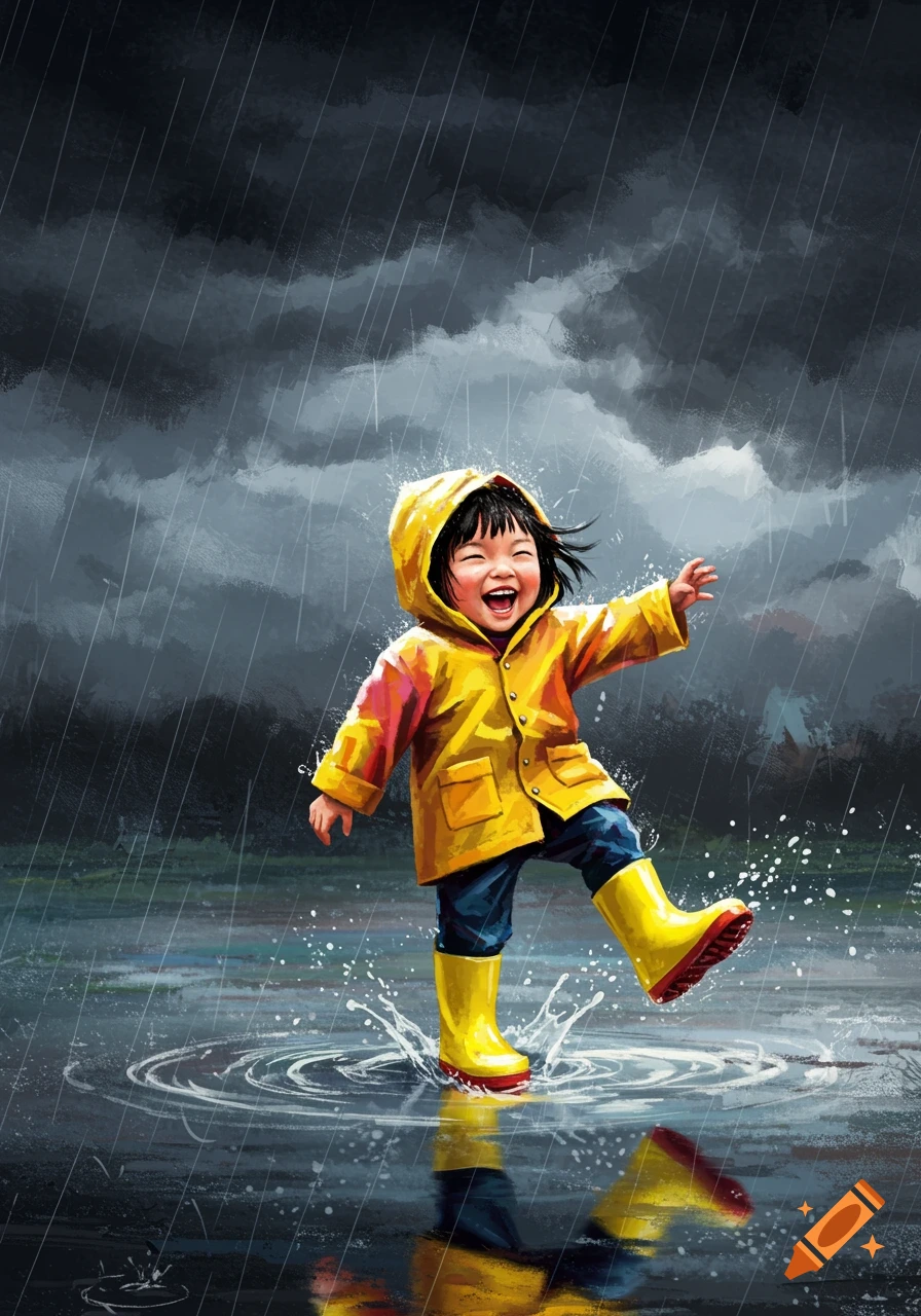 An illustration of a happy child in a yellow raincoat and boots jumping in a puddle in the rain.