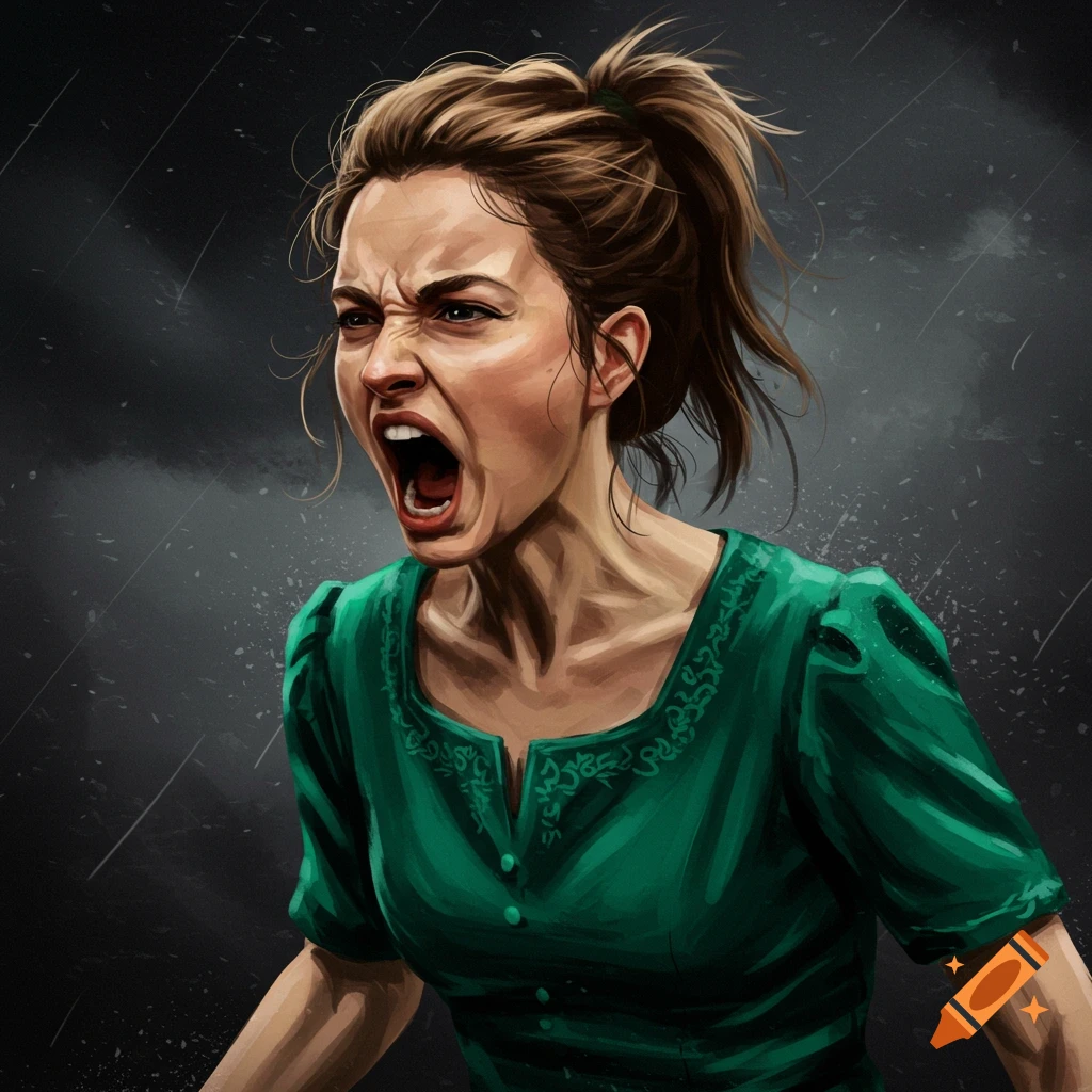 Digital illustration of a woman with brown hair yelling, mouth open wide, against a dark, stormy background.