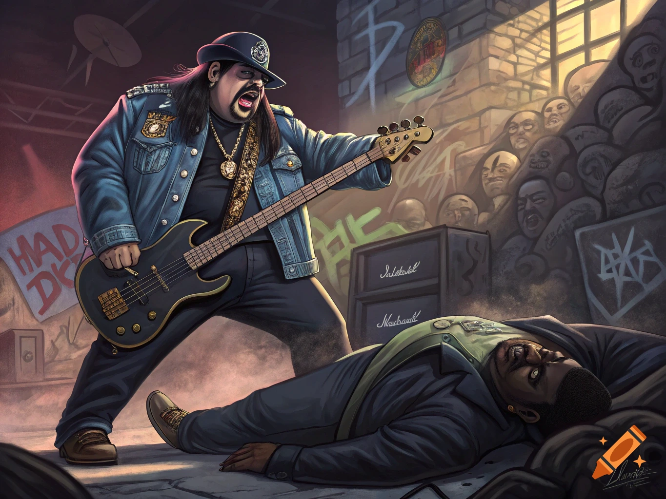 Illustration of a large man in a denim jacket playing bass guitar and standing over another man lying on the ground, with a crowd in the background.