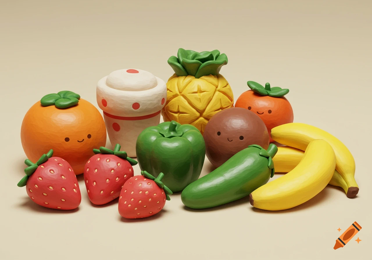 A collection of cute, stylized clay fruits and vegetables.