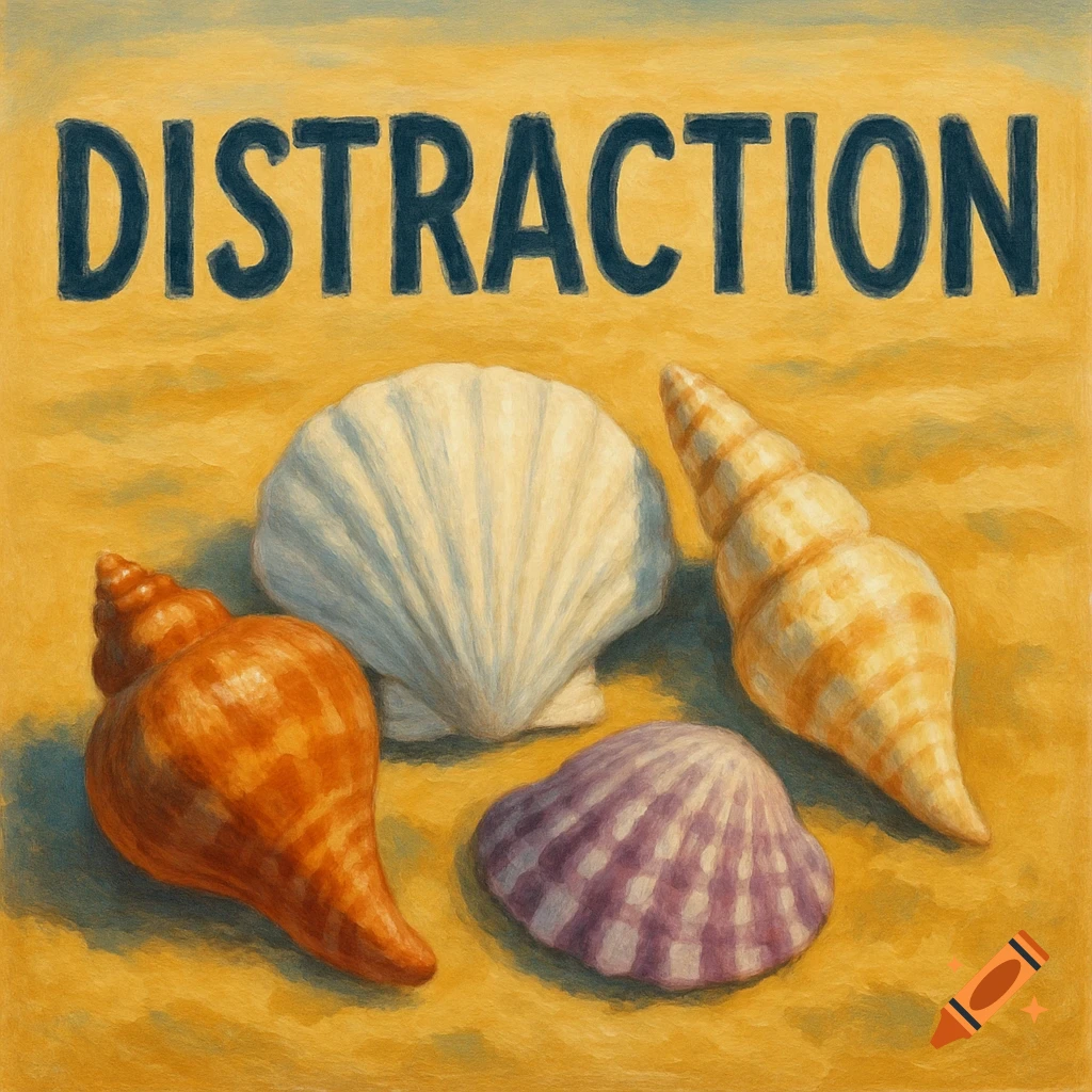 Painting of three seashells and a scallop shell on sand under the word "DISTRACTION".