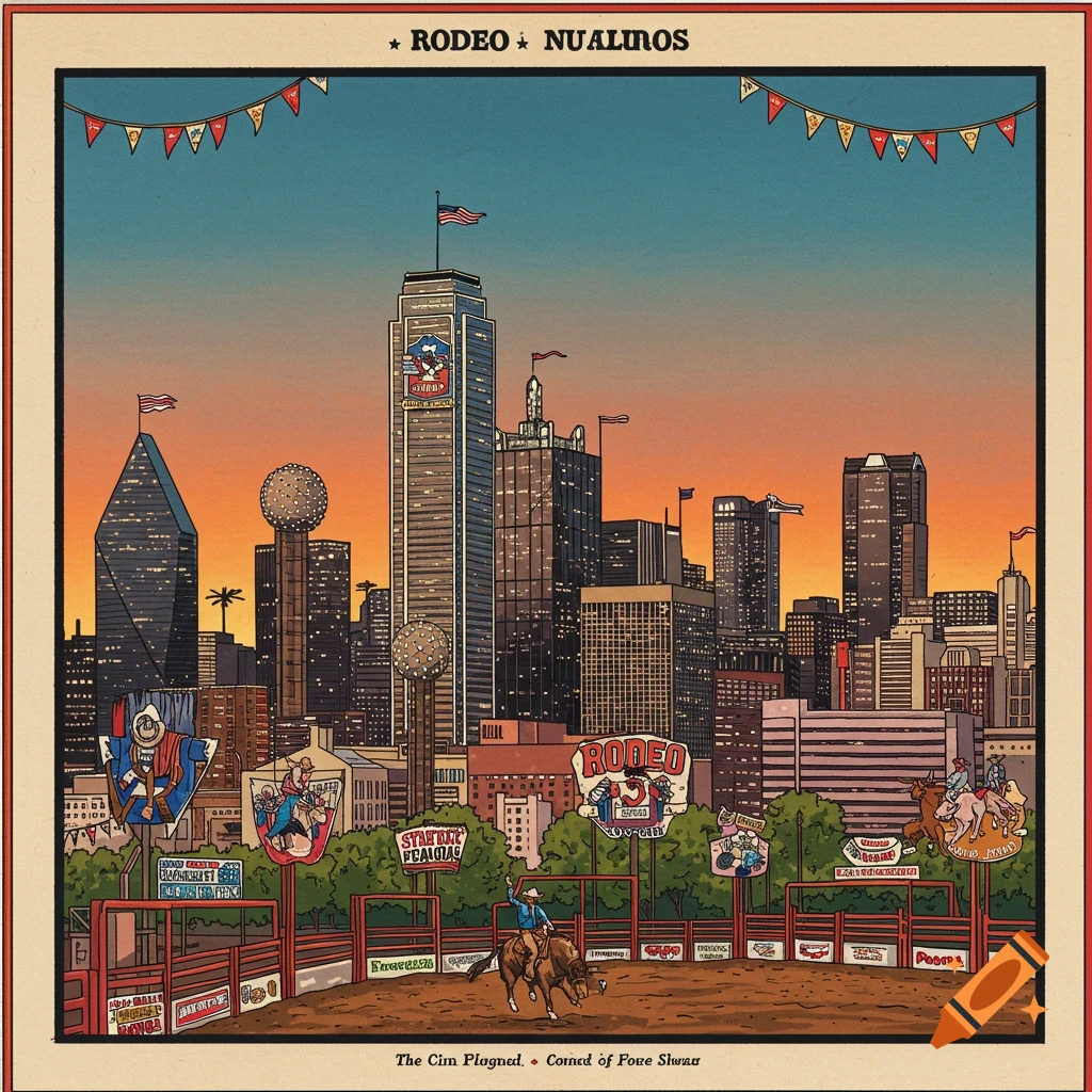 Stylized illustration of a rodeo arena with a cowboy riding a bull in the foreground and a city skyline at sunset in the background.