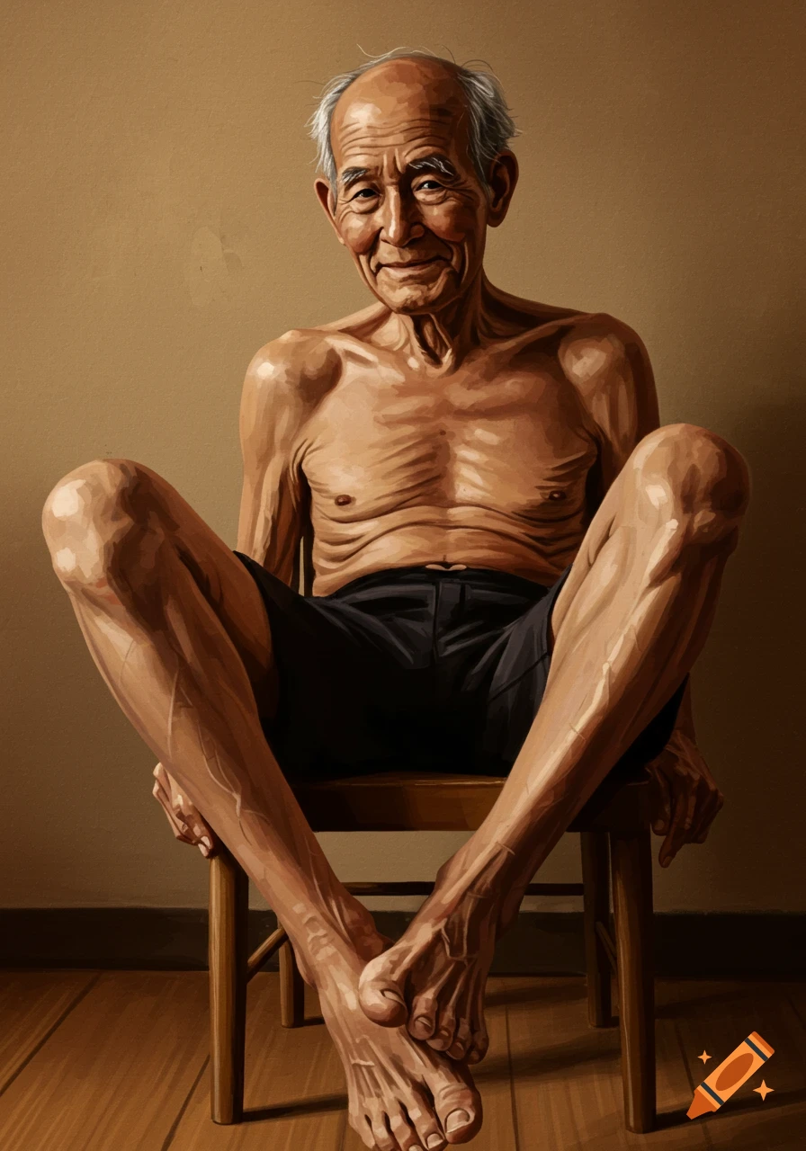 Realistic painting of an elderly man sitting on a chair with crossed ankles