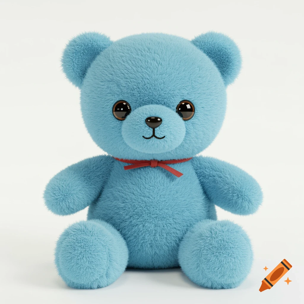 A cute fluffy blue teddy bear with a red bow tie sits.