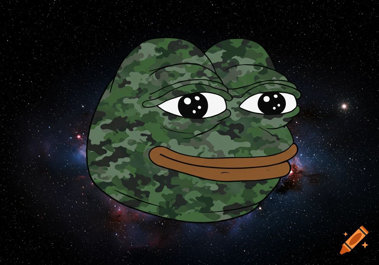 Pepe the Frog meme character with camouflage skin against a background of space.