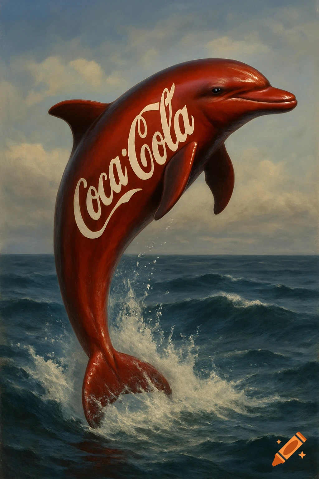 A red dolphin with the Coca-Cola logo painted on its side leaps from ocean waves in a realistic painting.