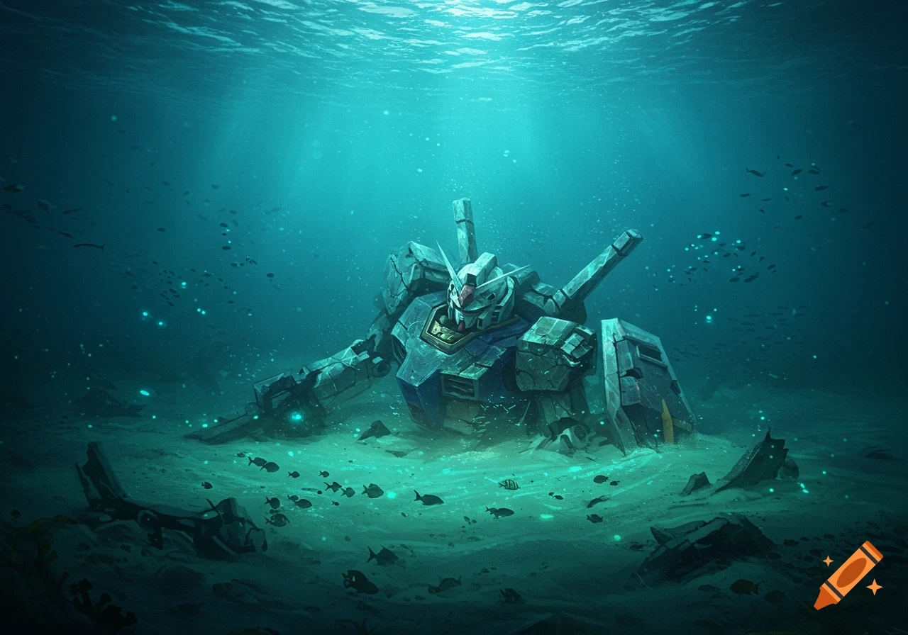 A large, broken mecha lies submerged on the ocean floor, surrounded by small fish and glowing particles, lit by sunlight from above.